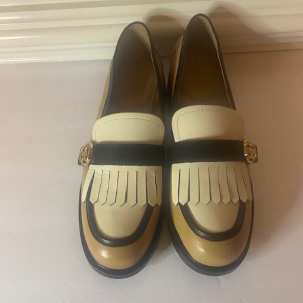 Sam Edelman Two-Tone Tan, Black & Cream Kiltie Loafers - Picture 2 of 7